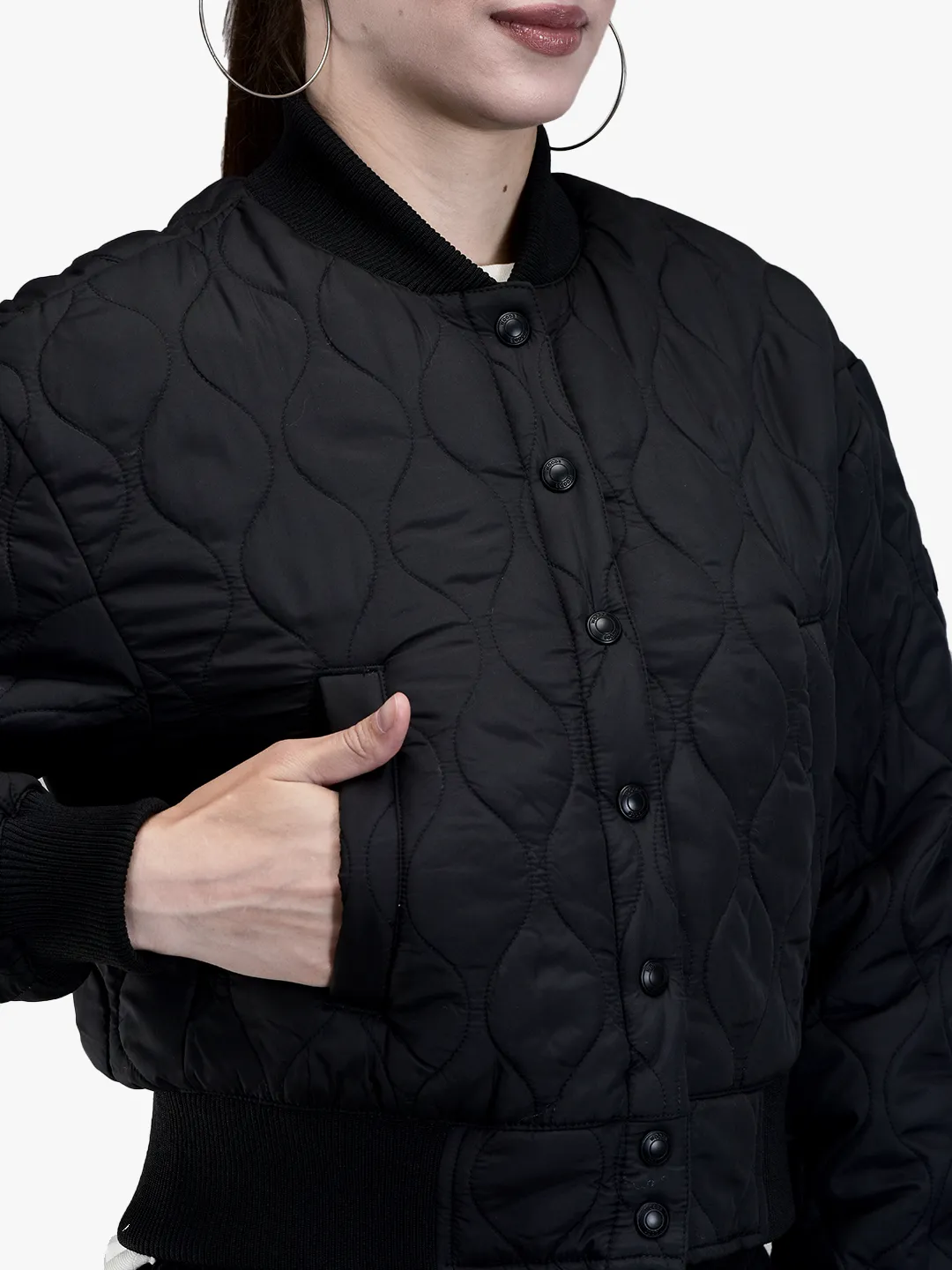 Woods Ladies Black Quilted Bomber Jacket - Thumbnail 4