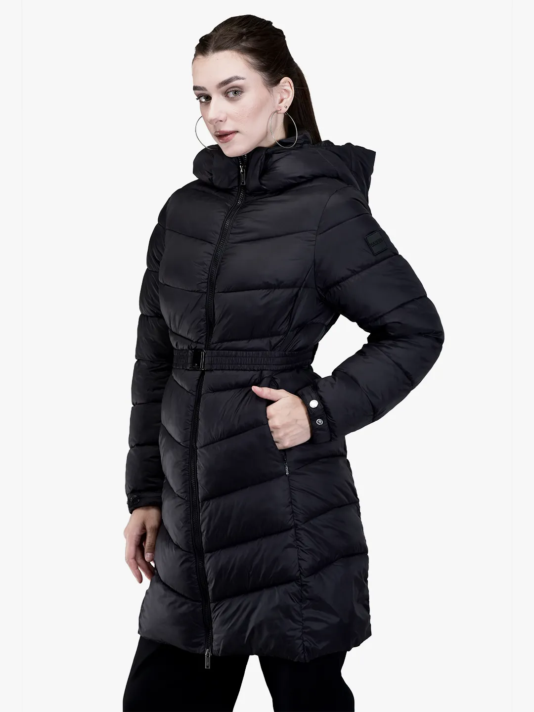 Black Long jacket for ladies with hood - Thumbnail 2