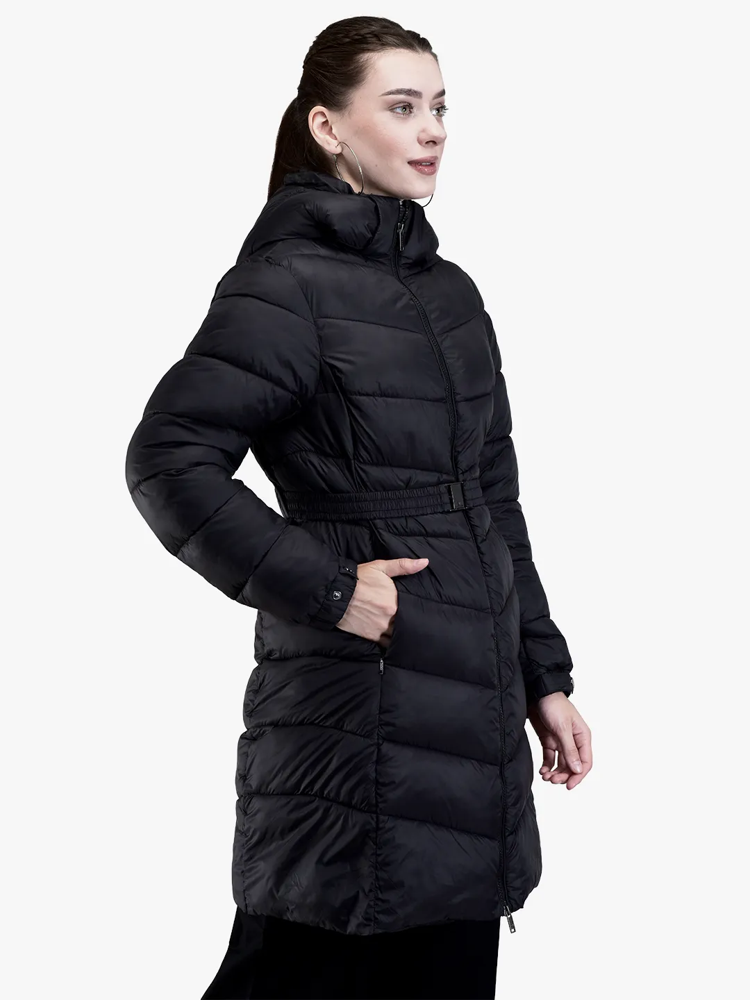 Black Long jacket for ladies with hood - Thumbnail 3