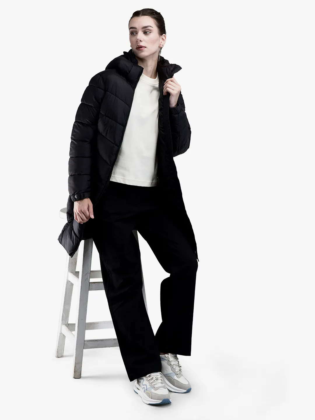 Black Long jacket for ladies with hood - Thumbnail 7