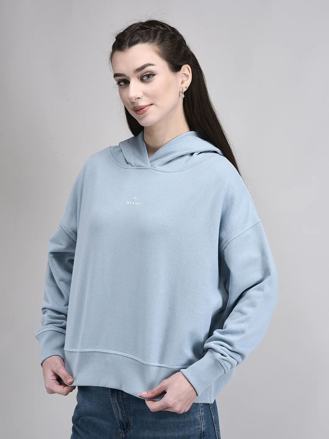 Organic Cotton Blue Hoodie Sweatshirt For Women - Thumbnail 2
