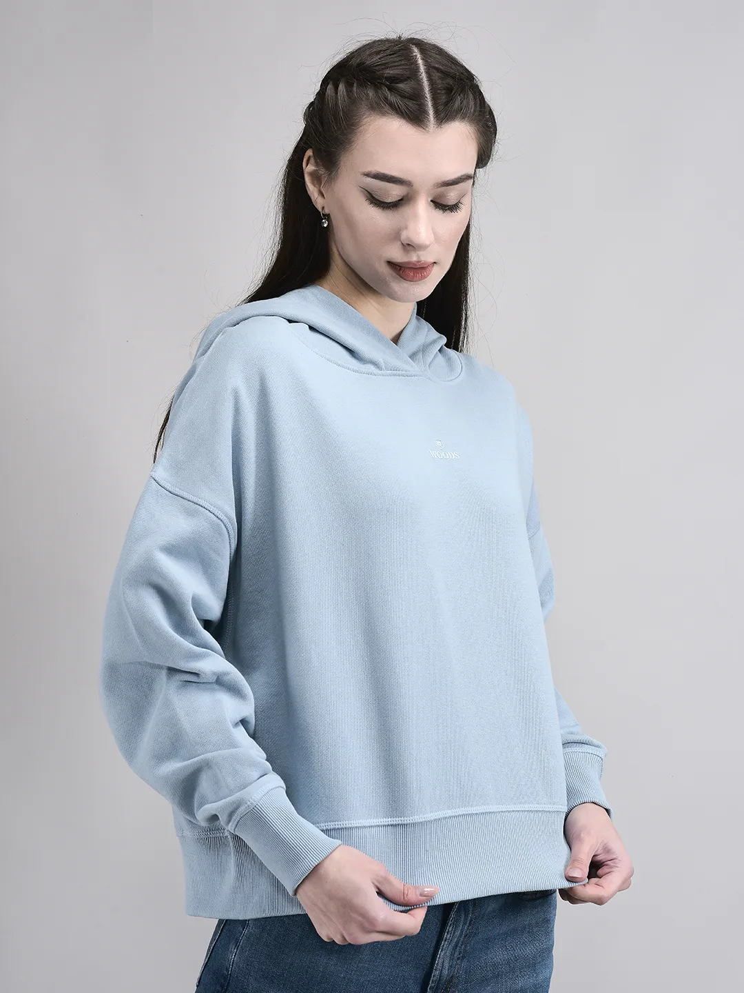 Organic Cotton Blue Hoodie Sweatshirt For Women - Thumbnail 3