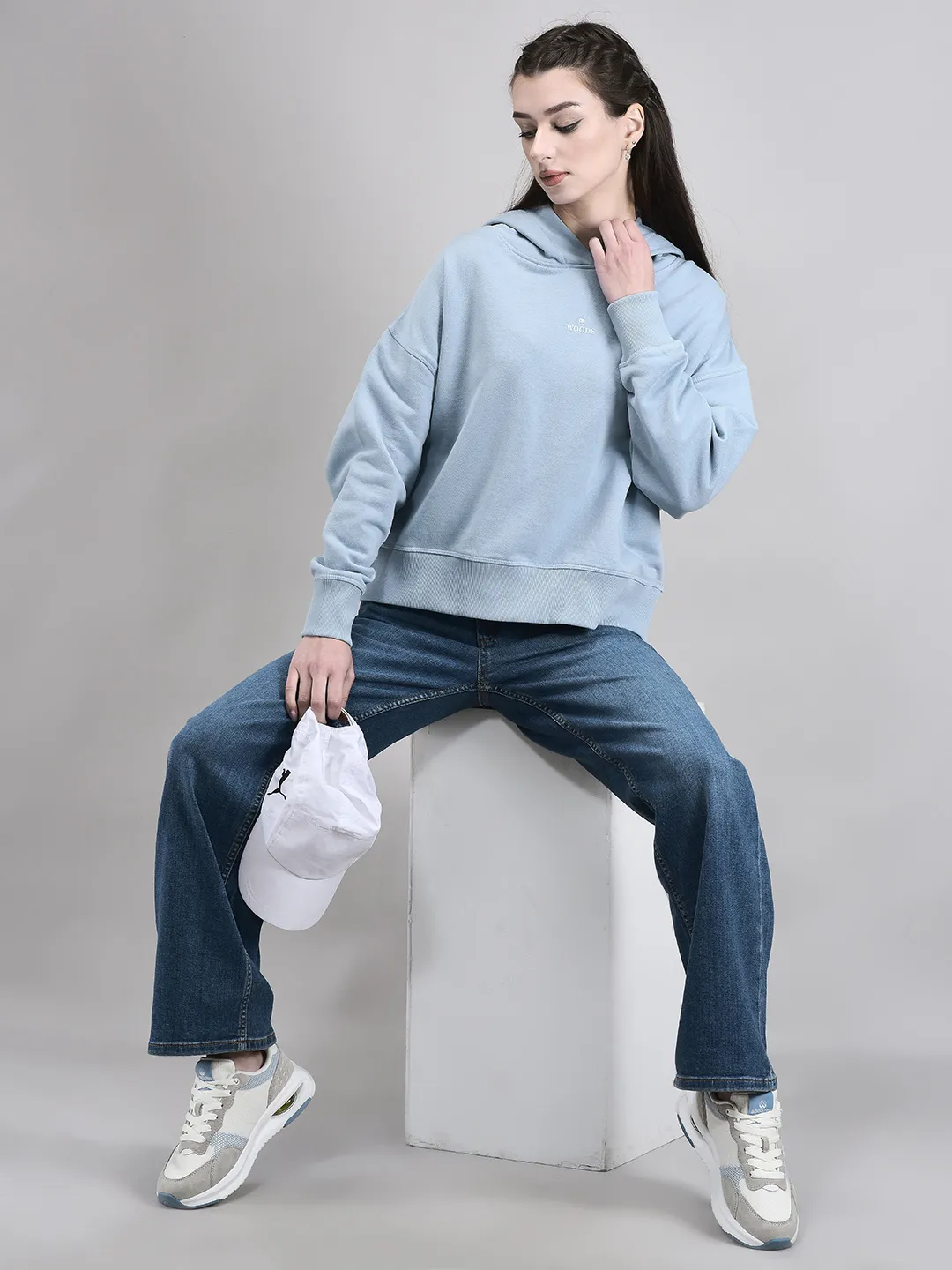 Organic Cotton Blue Hoodie Sweatshirt For Women - Thumbnail 6