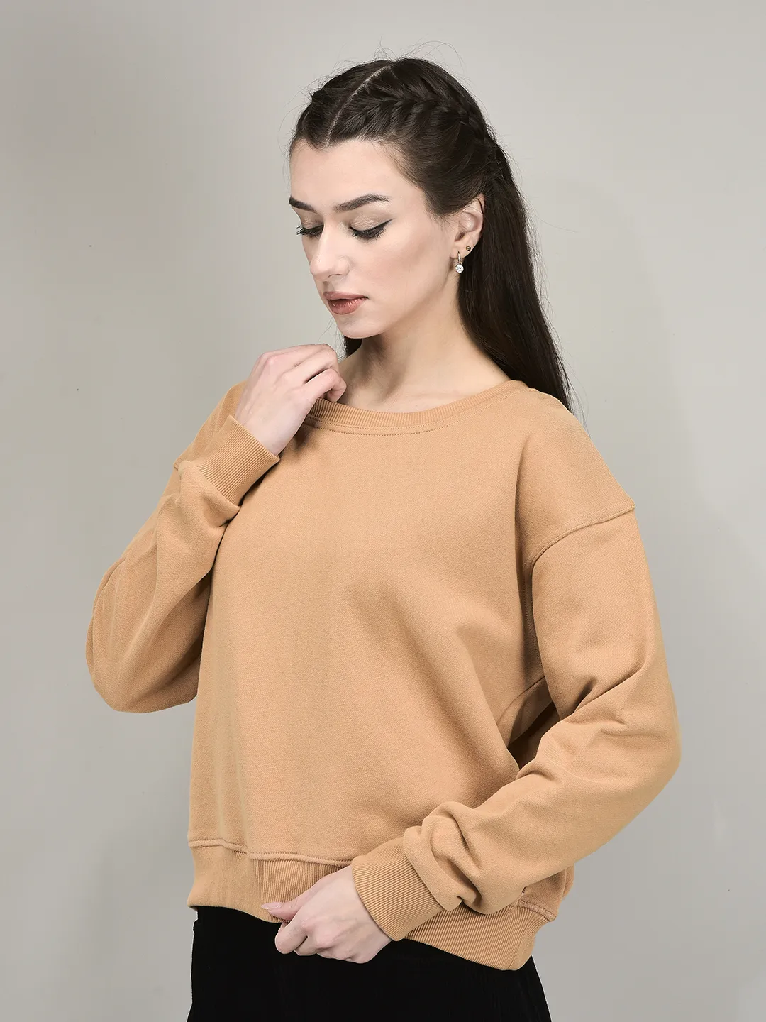 Woodland Matte Finish Beige Cotton Women Sweatshirt  - Thumbnail 2