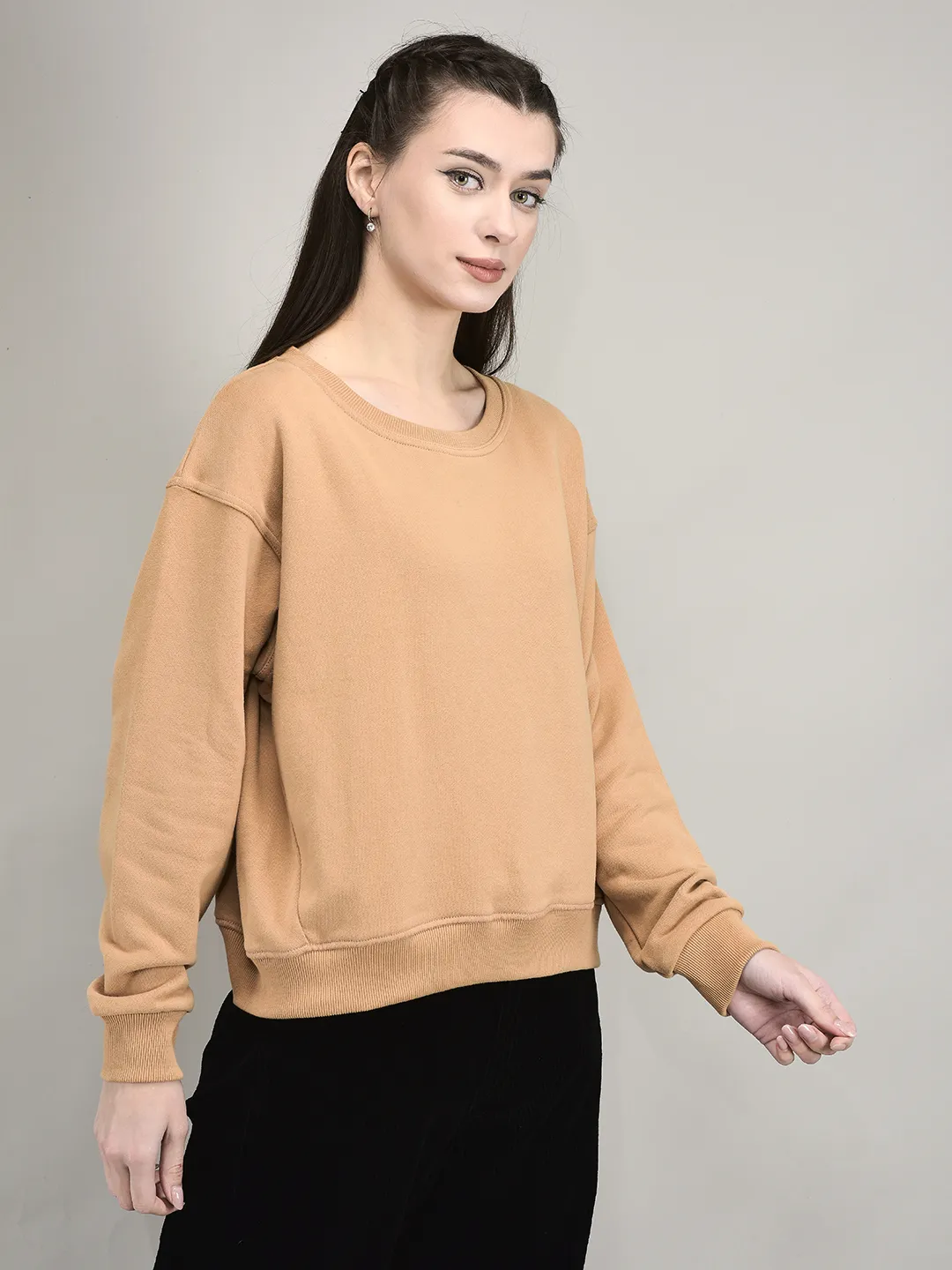 Woodland Matte Finish Beige Cotton Women Sweatshirt  - Thumbnail 3