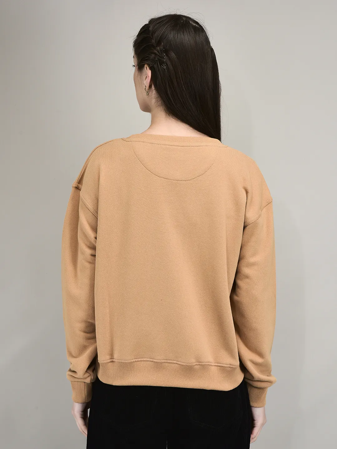 Woodland Matte Finish Beige Cotton Women Sweatshirt  - Thumbnail 5