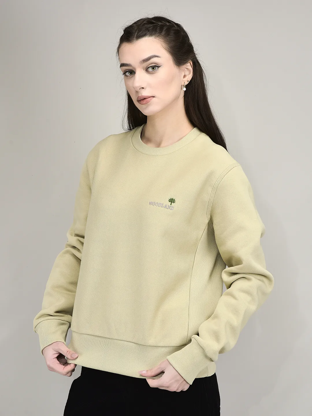 Beige Round Neck Sweatshirt For Women - Thumbnail 2