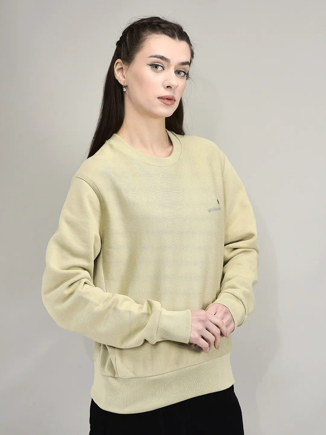 Beige Round Neck Sweatshirt For Women - Thumbnail 3