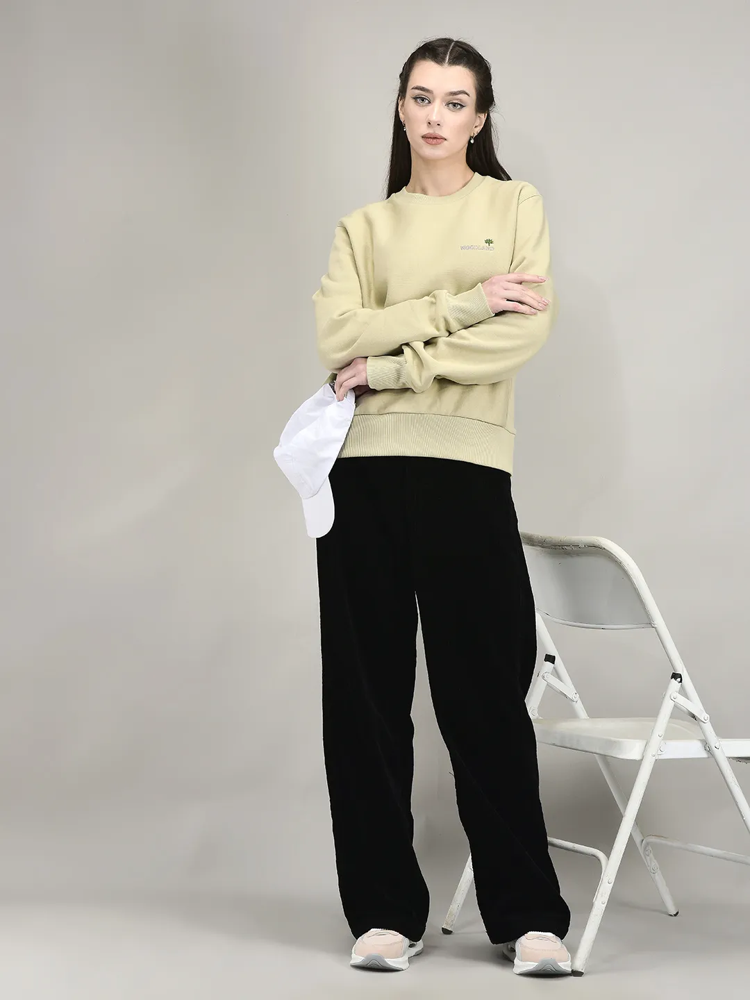 Beige Round Neck Sweatshirt For Women - Thumbnail 6