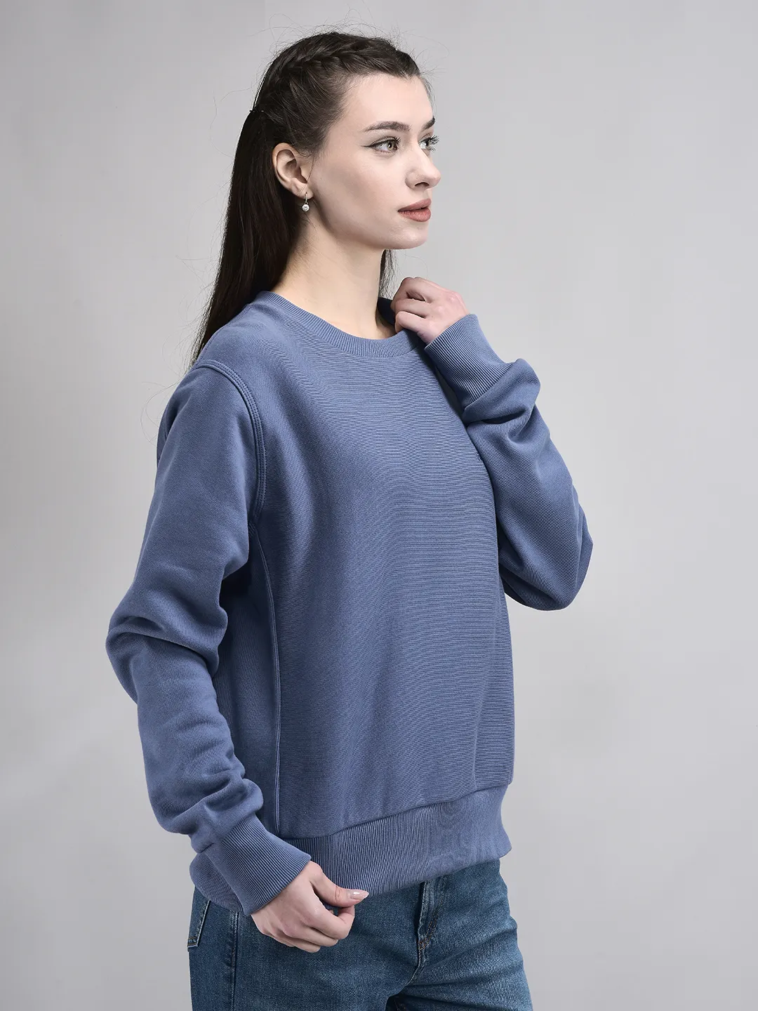 Blue Round Neck Sweatshirt For Women - Thumbnail 2