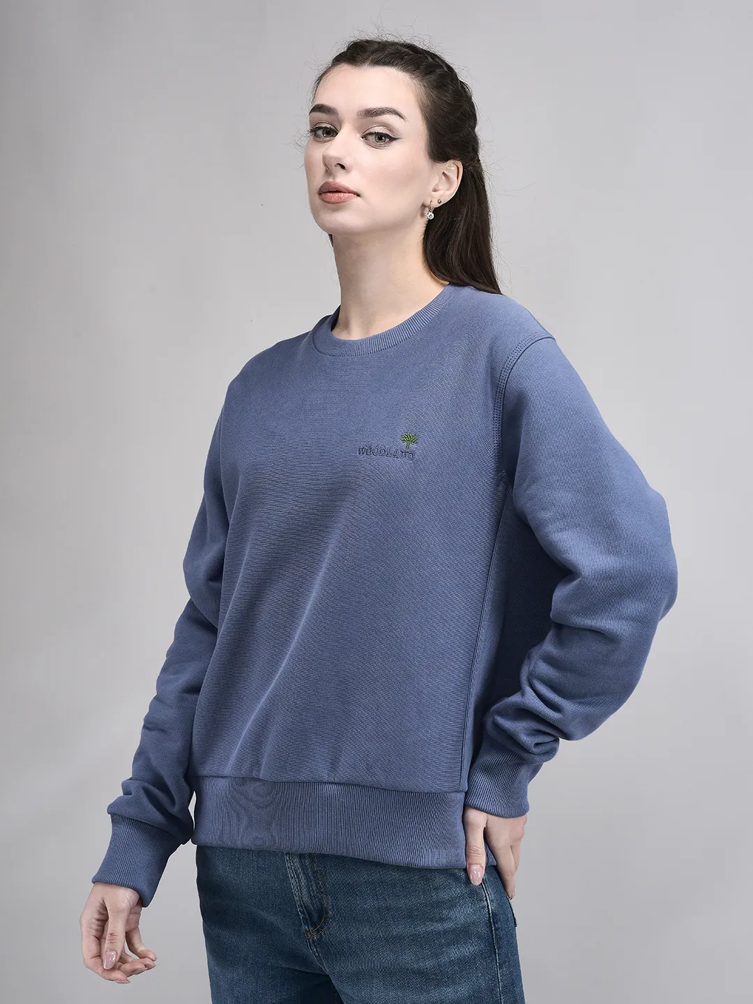 Blue Round Neck Sweatshirt For Women - Thumbnail 3