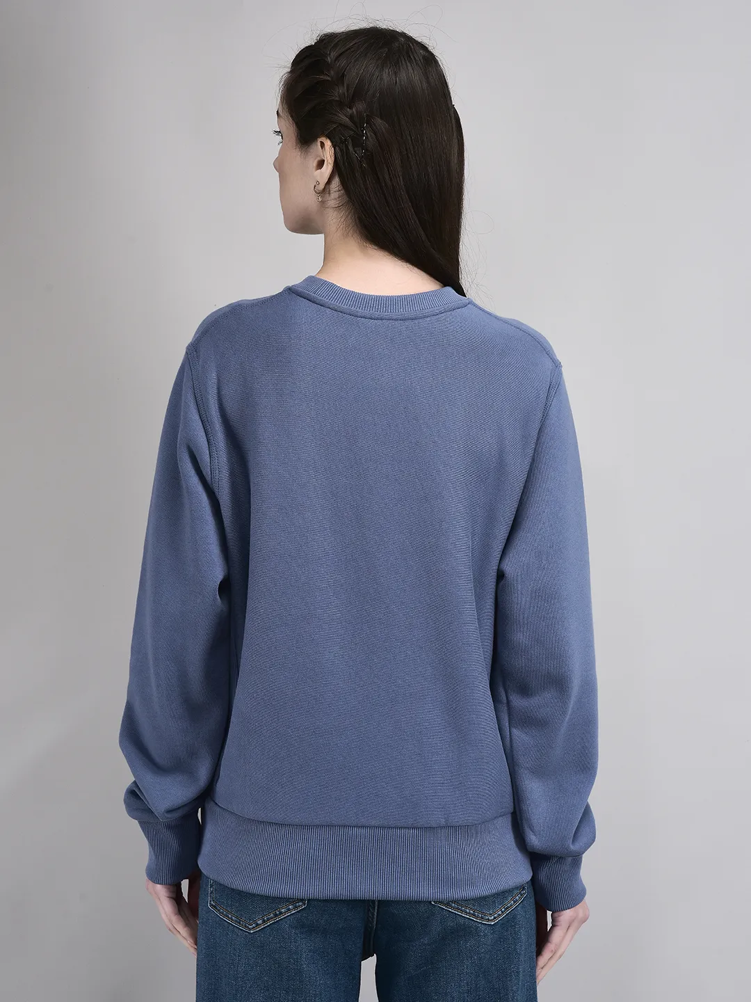 Blue Round Neck Sweatshirt For Women - Thumbnail 5