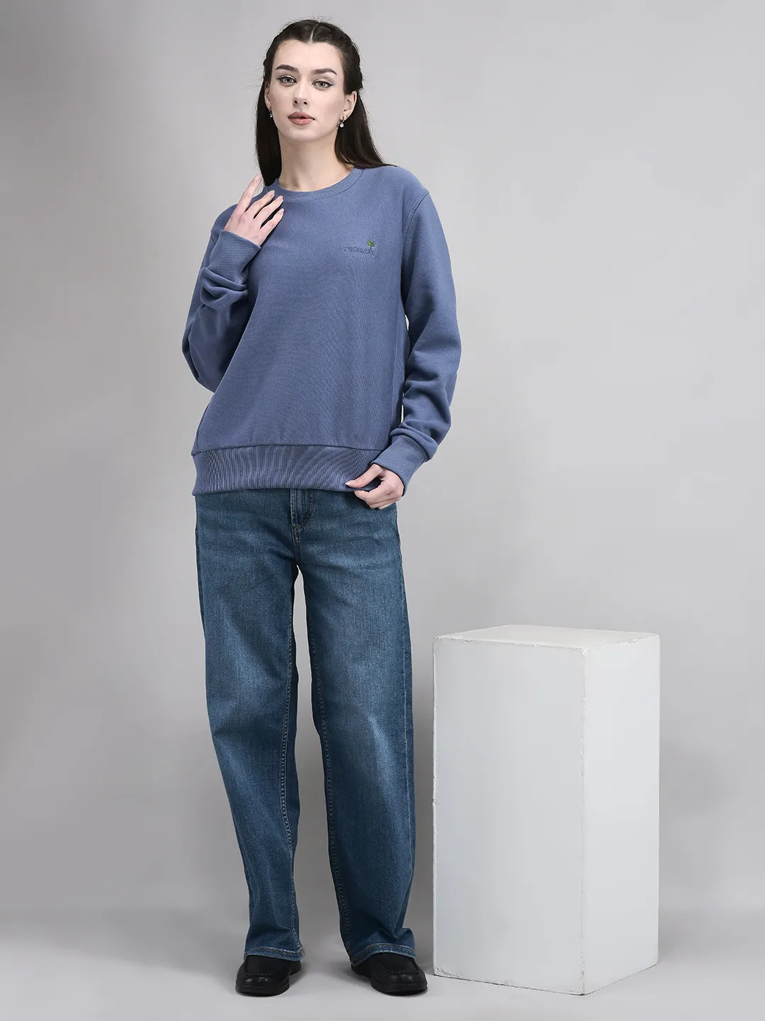 Blue Round Neck Sweatshirt For Women - Thumbnail 6
