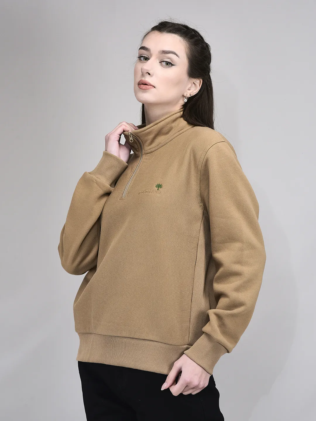 Camel Cotton Poly Quarter Zip Sweatshirt For Women - Thumbnail 2