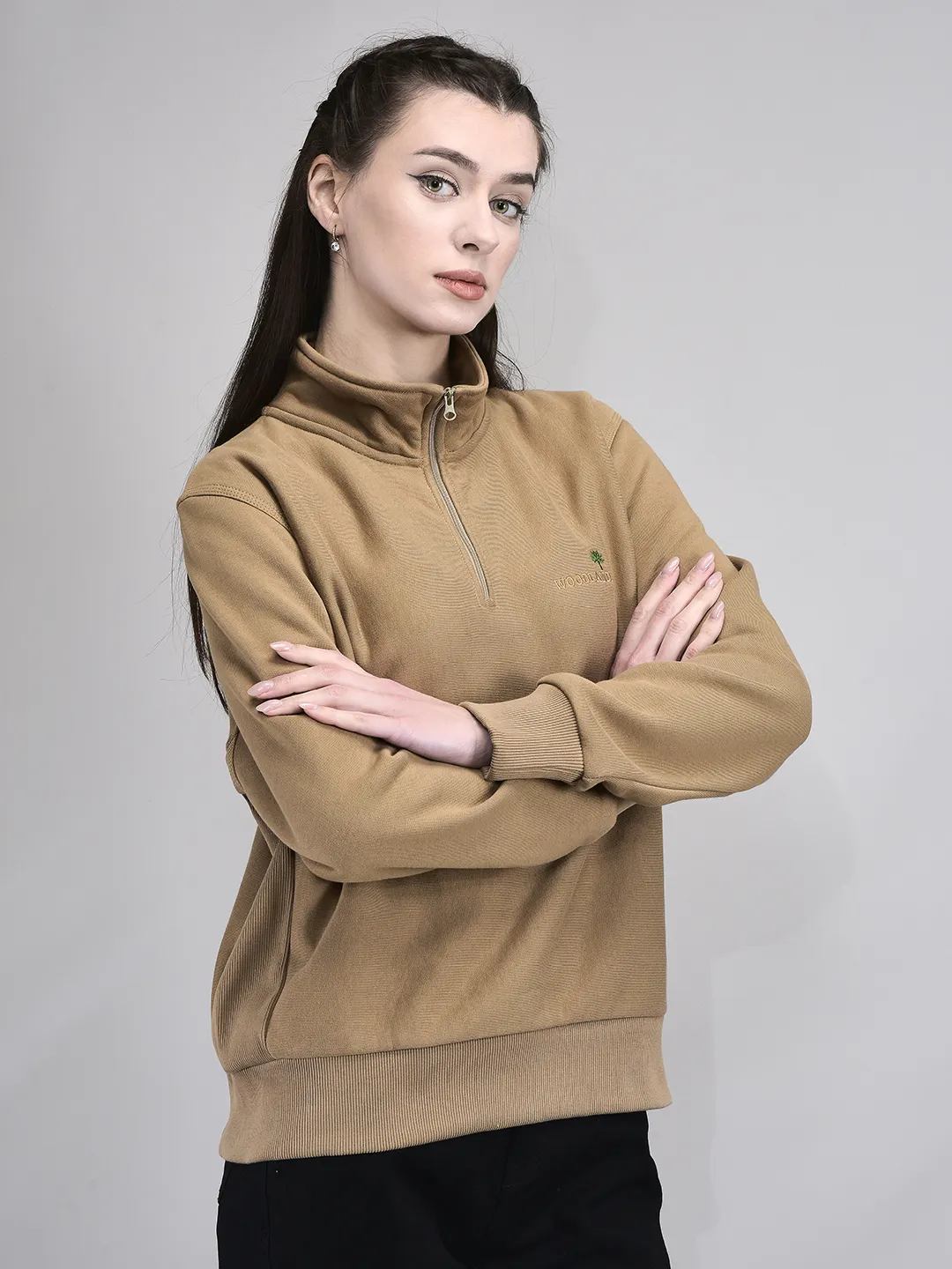 Camel Cotton Poly Quarter Zip Sweatshirt For Women - Thumbnail 3