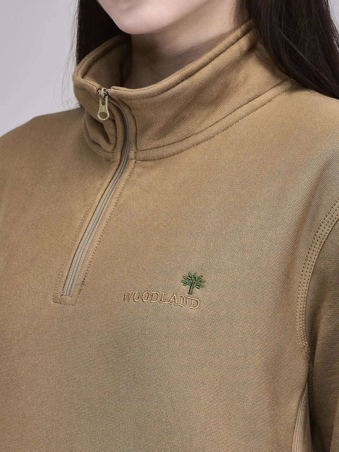 Camel Cotton Poly Quarter Zip Sweatshirt For Women - Thumbnail 4