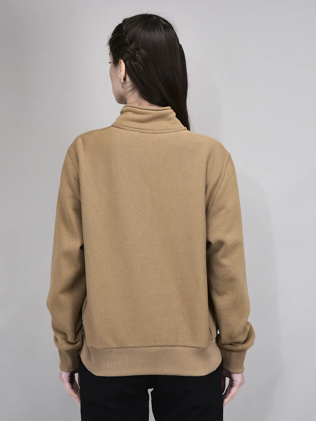 Camel Cotton Poly Quarter Zip Sweatshirt For Women - Thumbnail 5