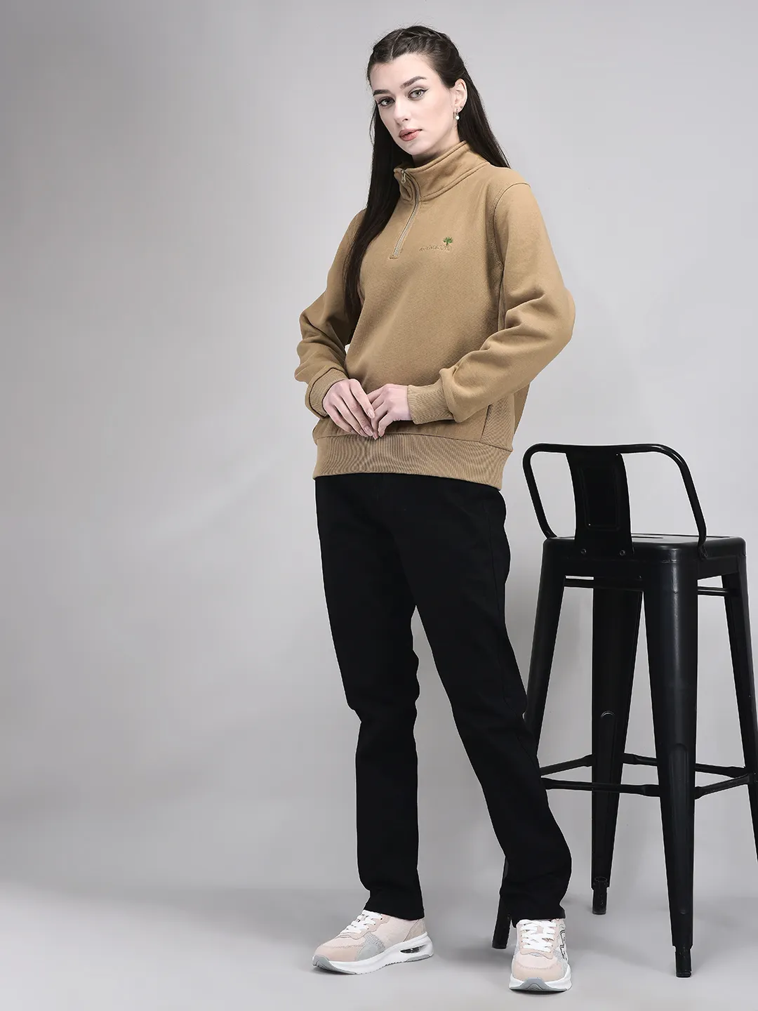 Camel Cotton Poly Quarter Zip Sweatshirt For Women - Thumbnail 6