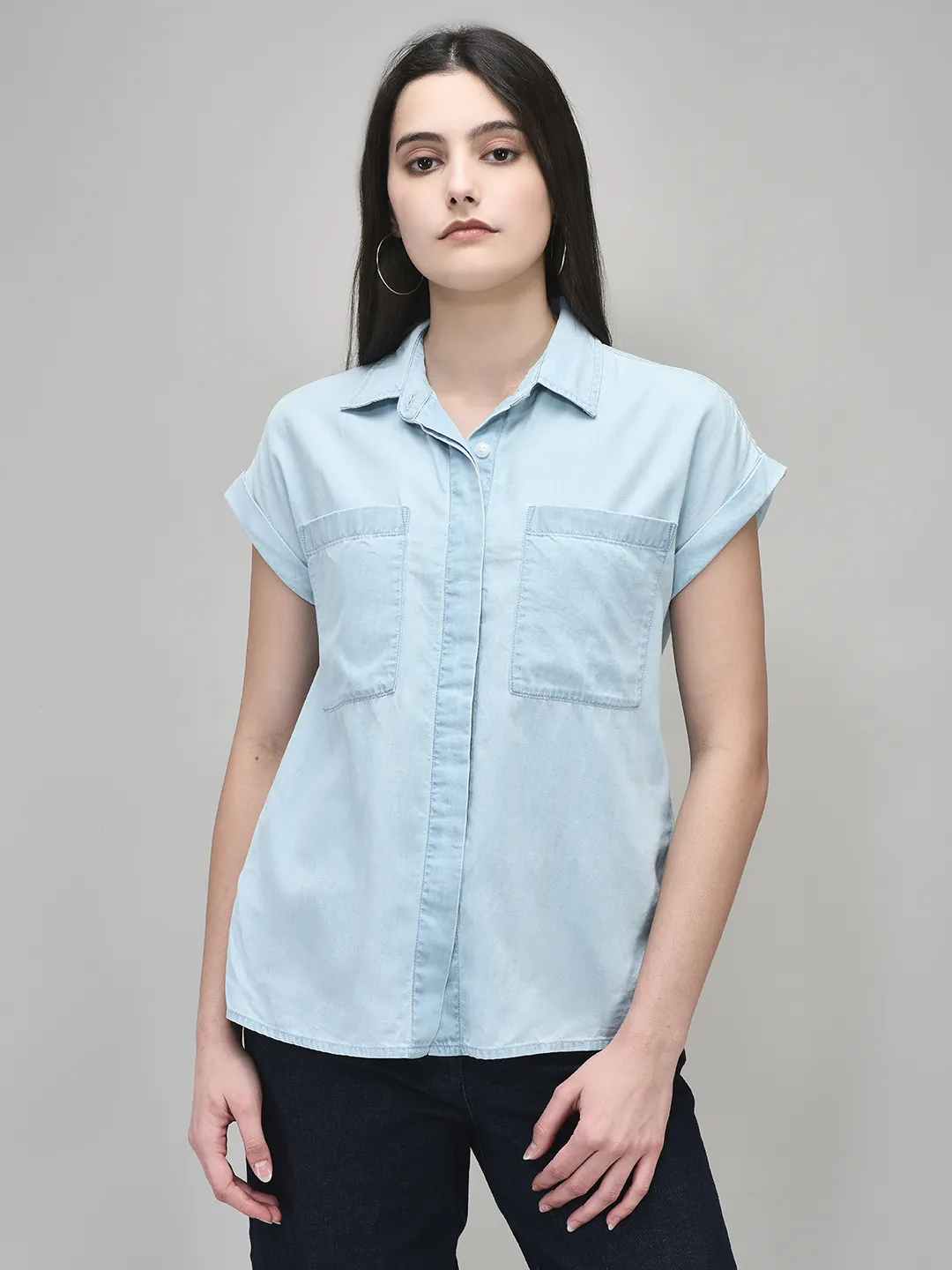 Lyocell Cotton Blue Denim Ladies Top - Image 1