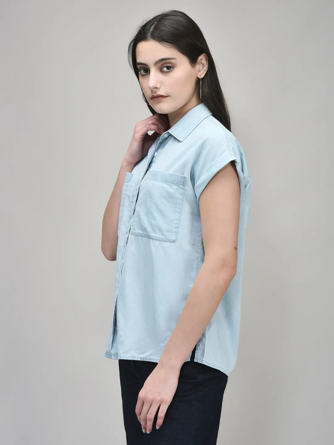 Lyocell Cotton Blue Denim Ladies Top - Thumbnail 2