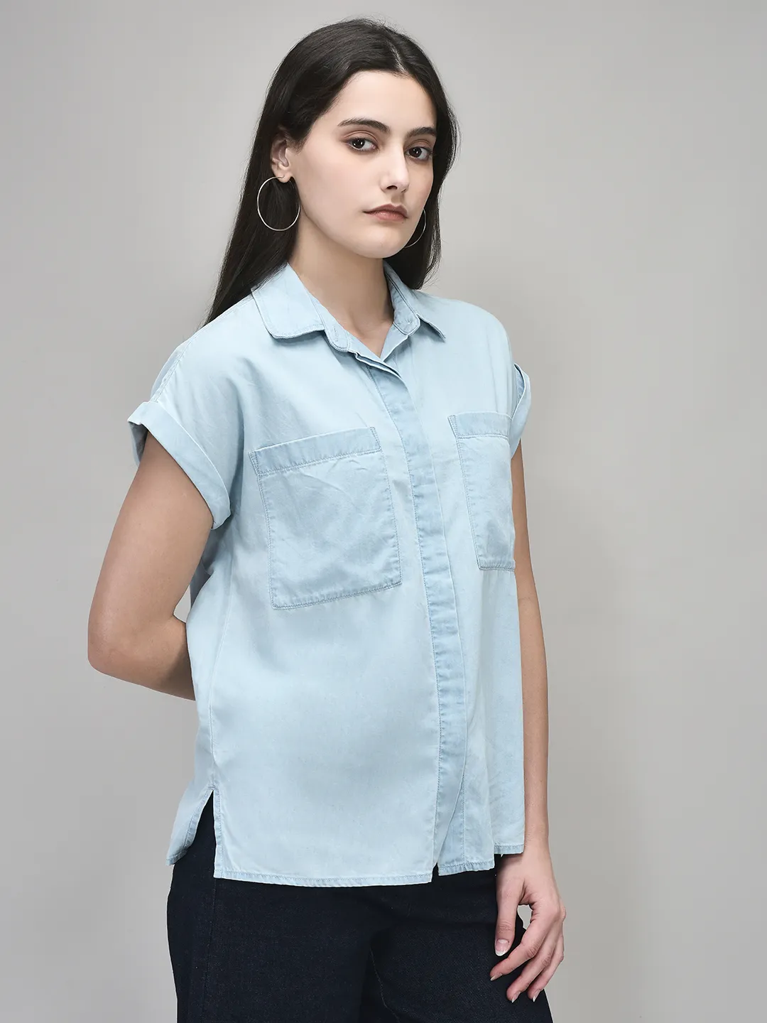 Lyocell Cotton Blue Denim Ladies Top - Thumbnail 3
