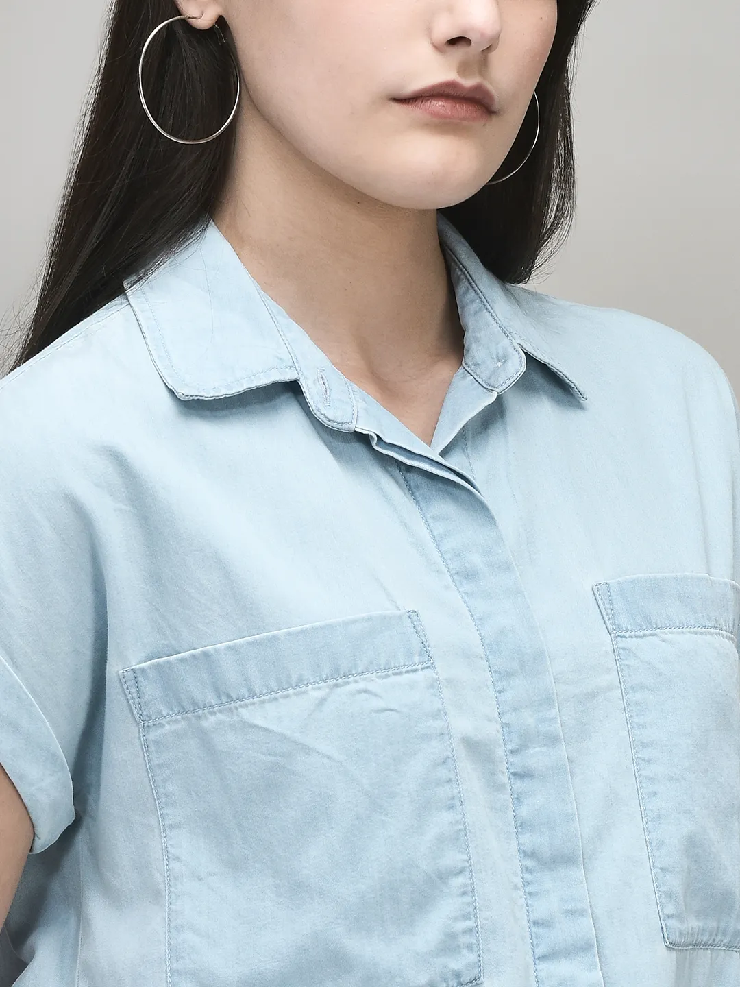 Lyocell Cotton Blue Denim Ladies Top - Thumbnail 4