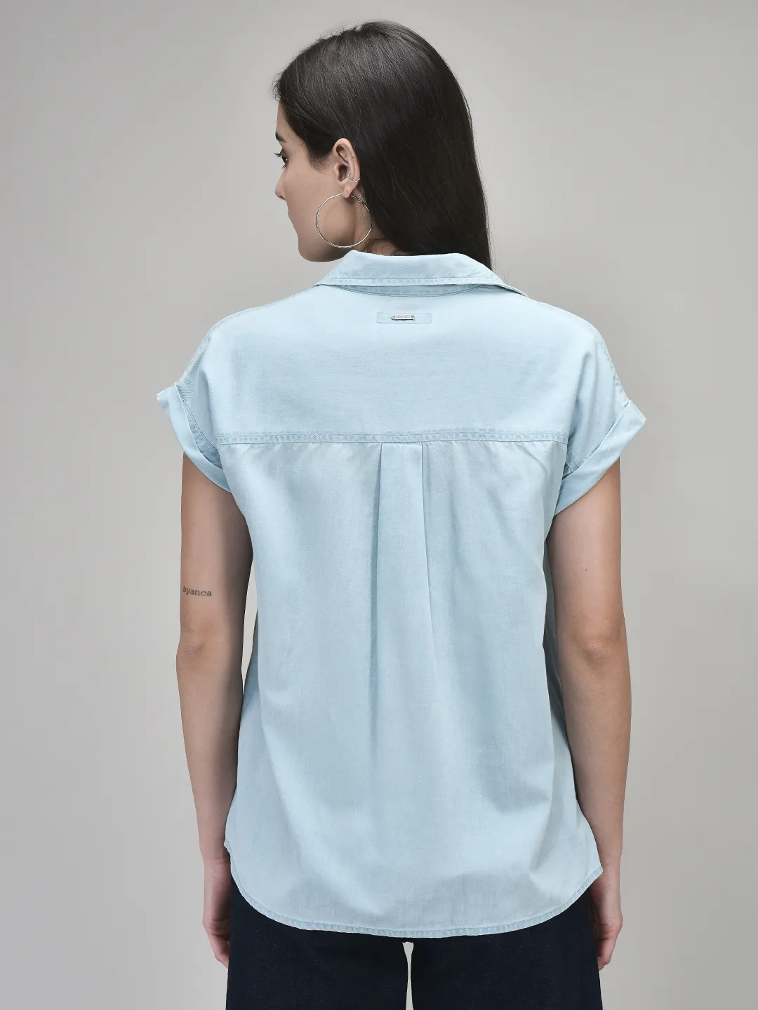 Lyocell Cotton Blue Denim Ladies Top - Thumbnail 5