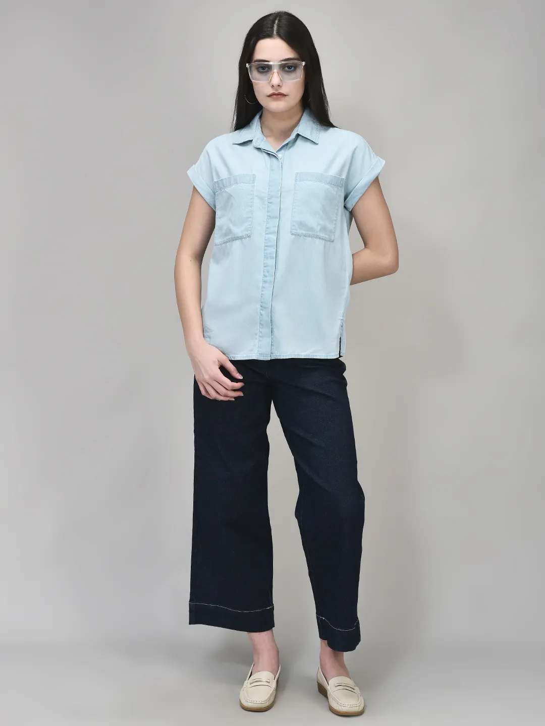 Lyocell Cotton Blue Denim Ladies Top - Thumbnail 6