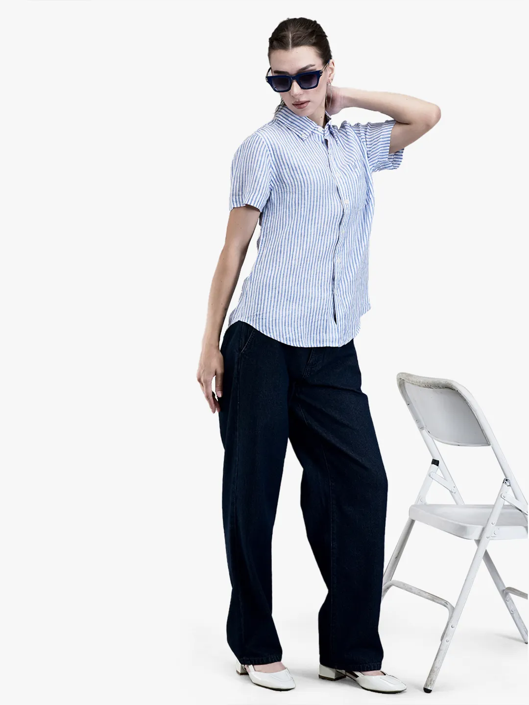 Woodland Ladies Blue Cotton Straight Wide-Leg Culottes 7