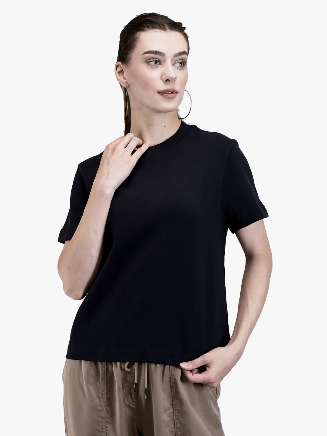 Ladies Black Classic Round Neck Knit T-Shirt