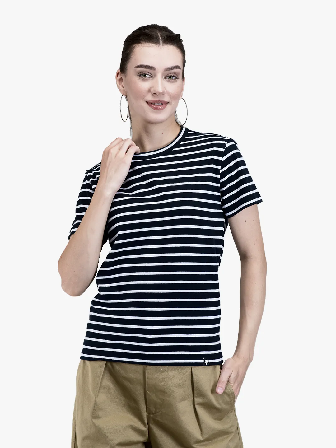 Woodland Ladies Navy /White Striped Crew Neck Cotton T-Shirt