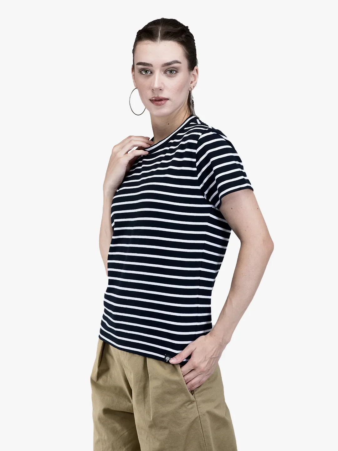 Woodland Ladies Navy /White Striped Crew Neck Cotton T-Shirt 2
