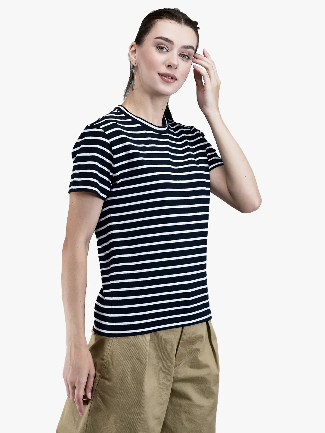 Woodland Ladies Navy /White Striped Crew Neck Cotton T-Shirt 3