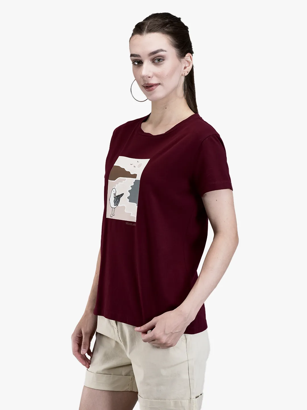 Wine Cotton Spandex Graphic Crew Neck T-Shirt 2