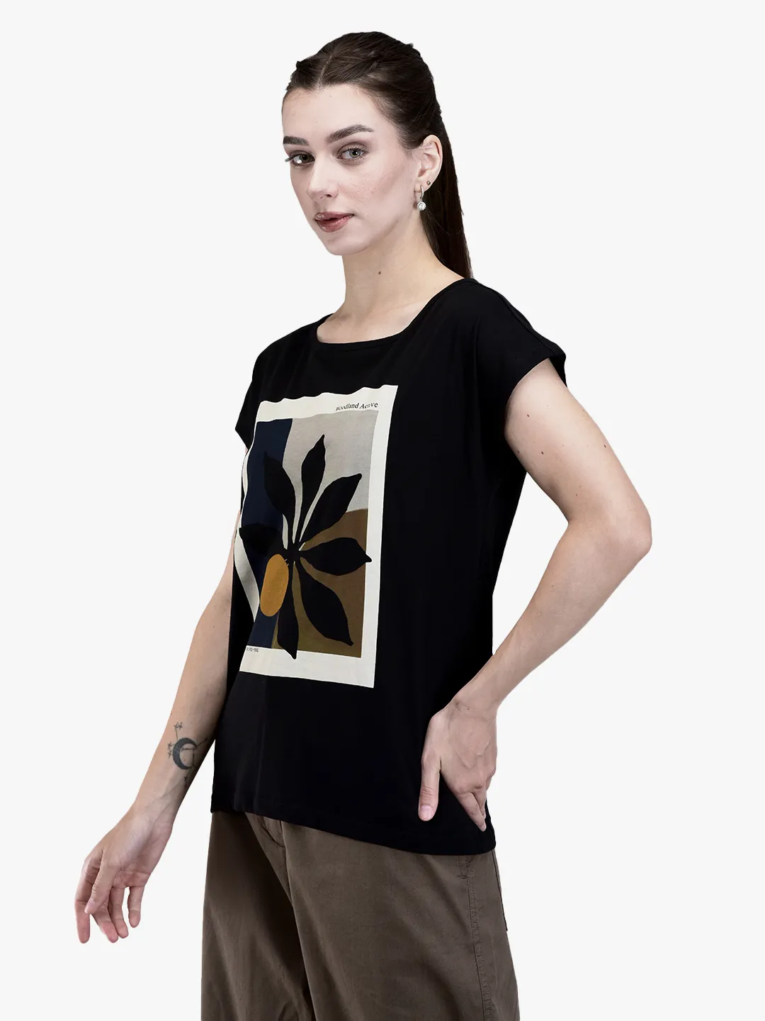 Woodland Ladies Black Graphic Print Round Neck T-Shirt 2