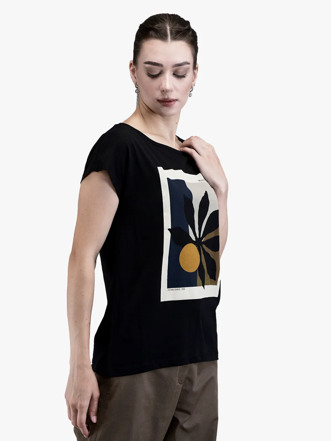 Woodland Ladies Black Graphic Print Round Neck T-Shirt 3