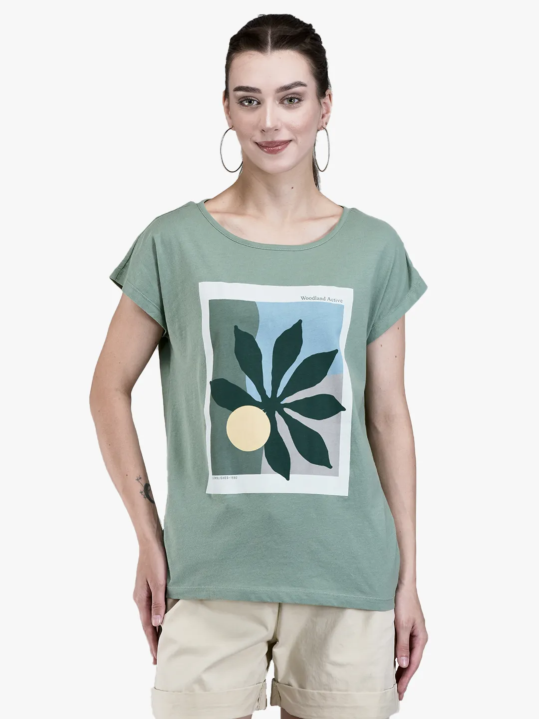 Woodland Ladies Olive Graphic Print Round Neck T-Shirt