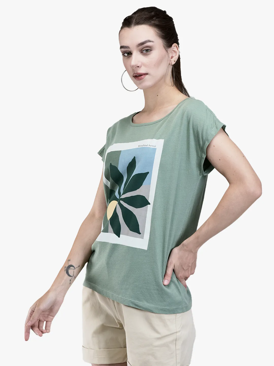 Woodland Ladies Olive Graphic Print Round Neck T-Shirt 2