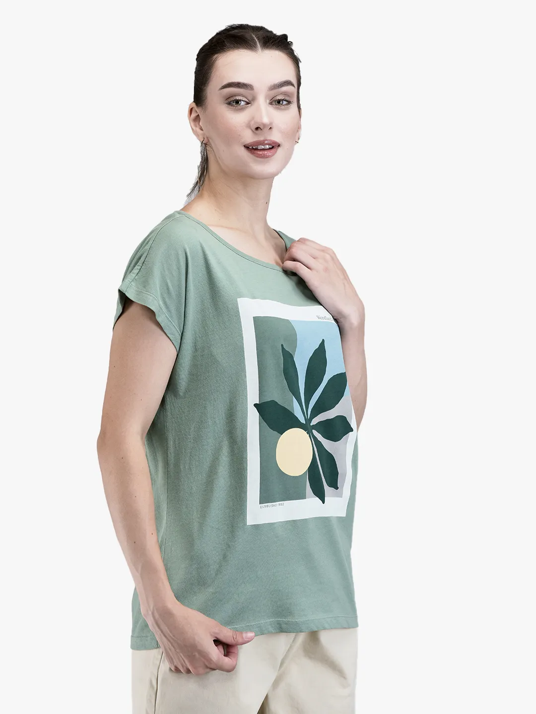 Woodland Ladies Olive Graphic Print Round Neck T-Shirt 3