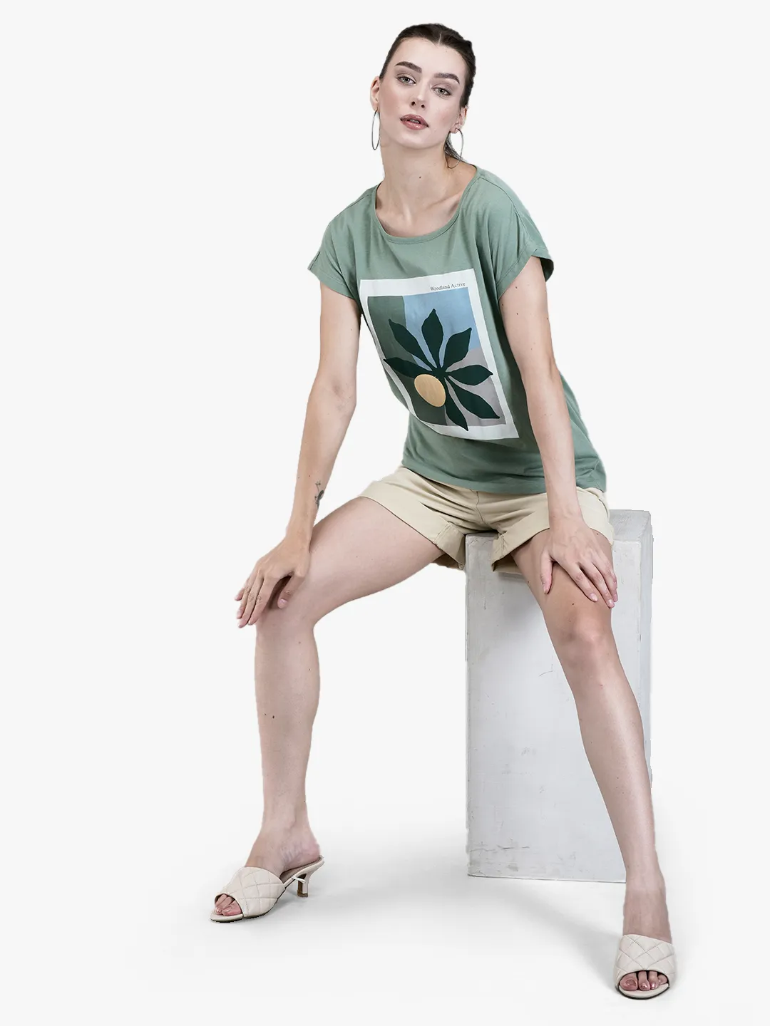 Woodland Ladies Olive Graphic Print Round Neck T-Shirt 7
