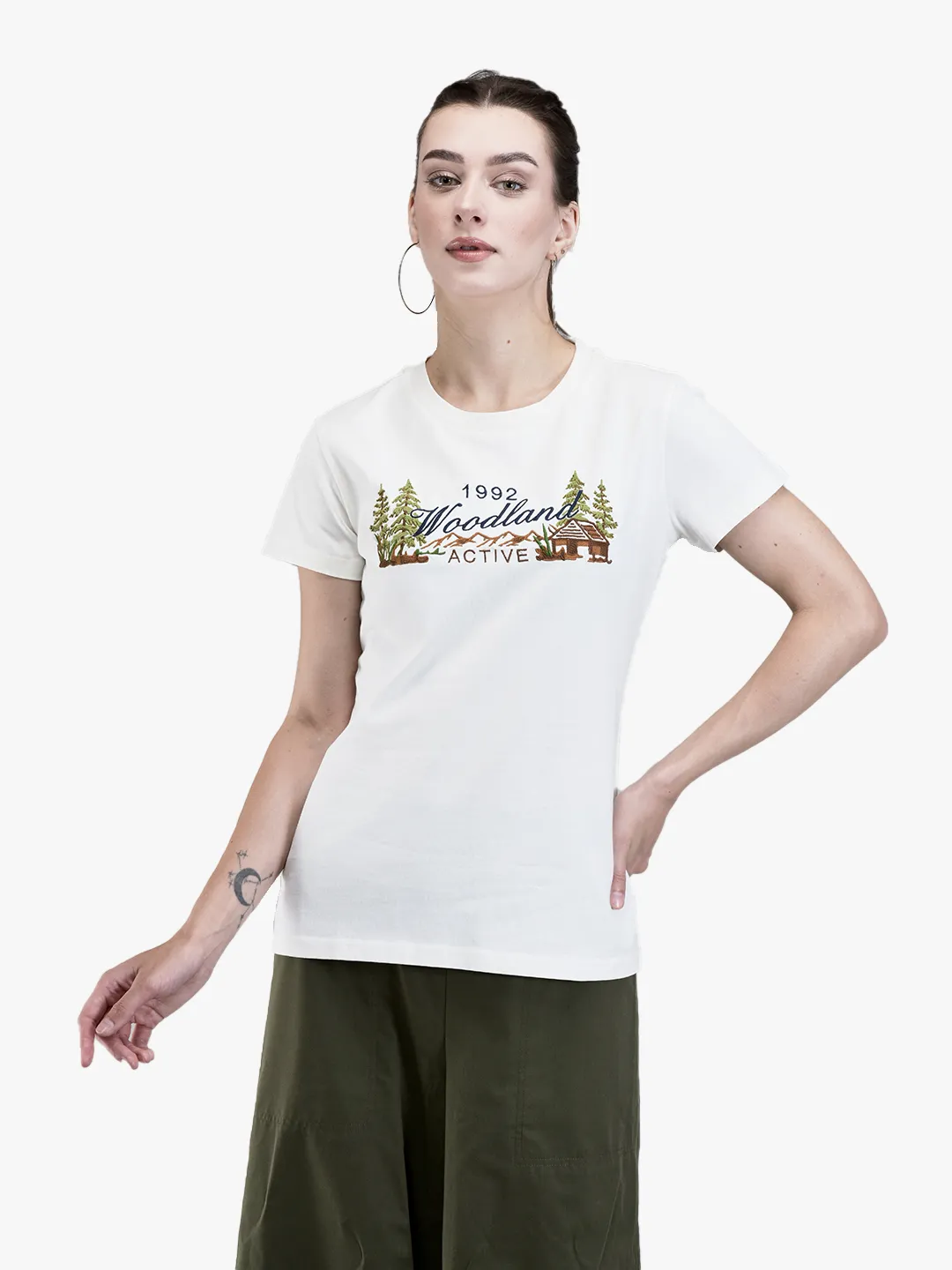 Woodland Ladies O-White Cotton Crew Neck Graphic T-Shirt