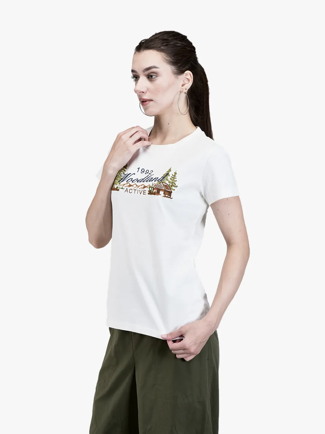 Woodland Ladies O-White Cotton Crew Neck Graphic T-Shirt 2