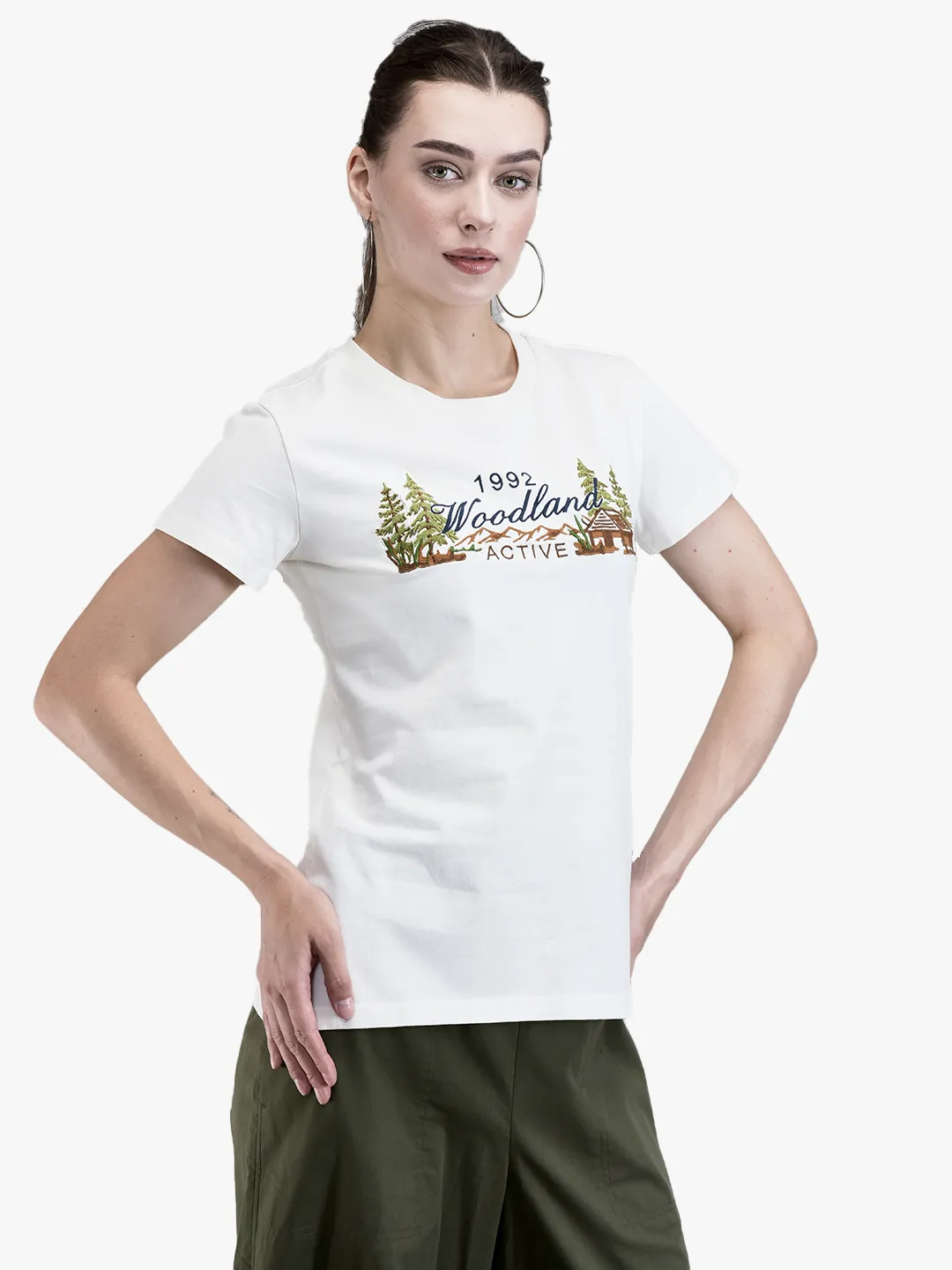 Woodland Ladies O-White Cotton Crew Neck Graphic T-Shirt 3