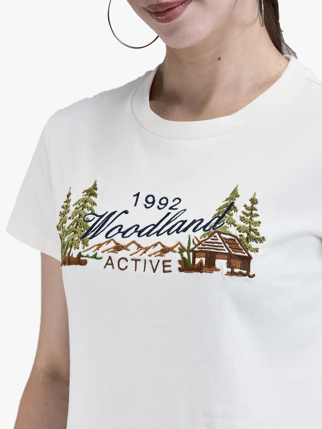 Woodland Ladies O-White Cotton Crew Neck Graphic T-Shirt 4
